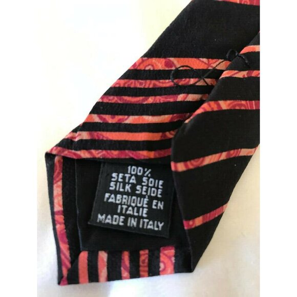 Boss Hugo Boss Orange Black Decorative Swirls Striped Italian Pointed Silk Tie - Picture 4 of 4